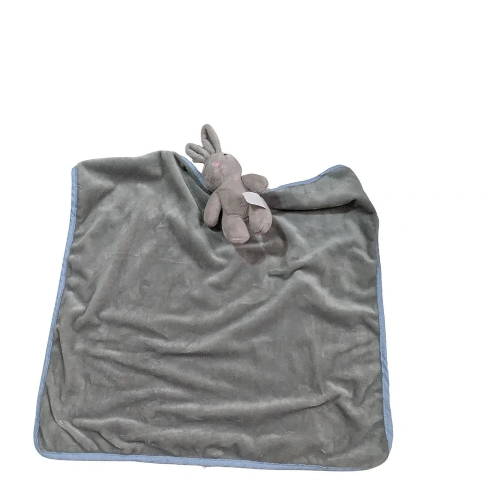 Gi-Go Toys Grey Bunny‎ Rabbit Baby Lovey Security Blanket Blue Trim 13x13 Plush